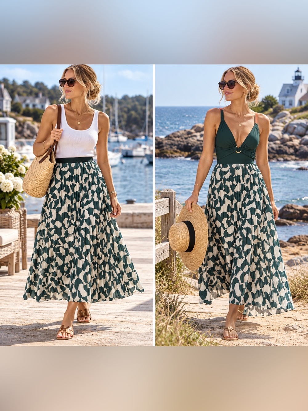 Pleated Green & White Abstract Print Maxi Skirt